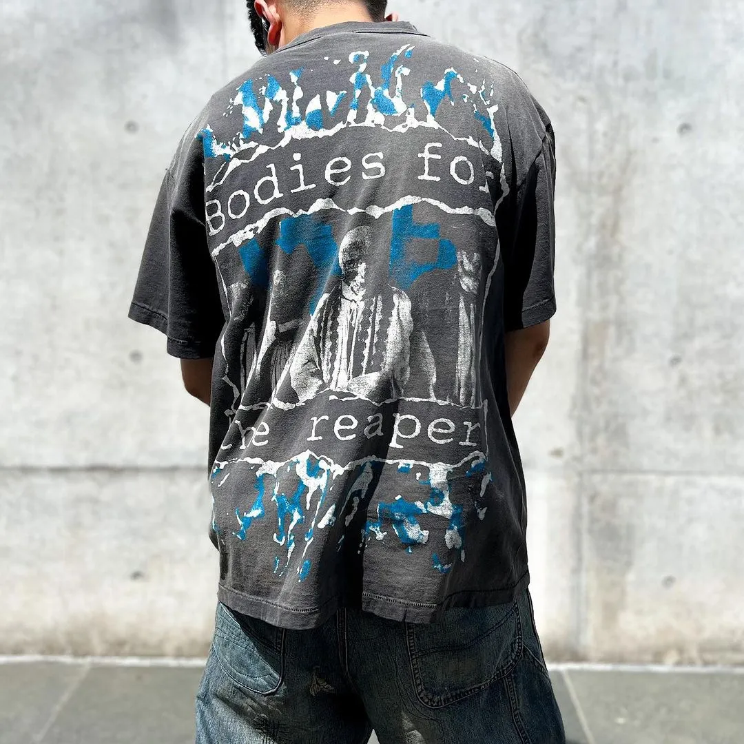 SAINT MICHAEL SS TEE/B FOR REAPER Jesus Hell's Angels Washed and Distressed Short Sleeves Washed Black S-XL Garment Dyed Printed Washed and Distressed
